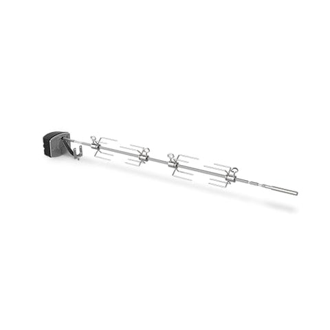 Weber rotisserie stainless shaft view, sturdy support for large or small cuts.