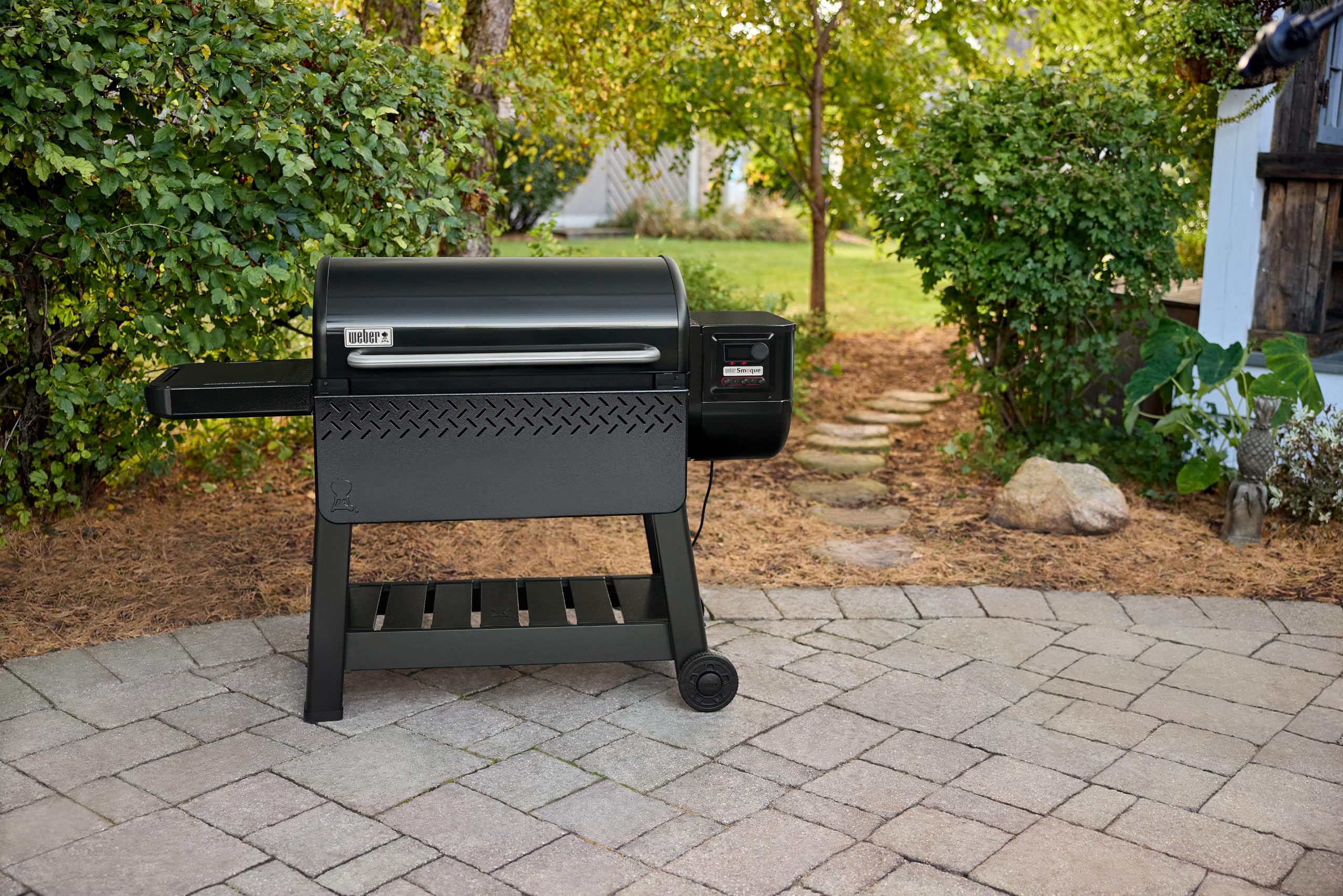 Weber Searwood 600 XL front table folded for compact storage.