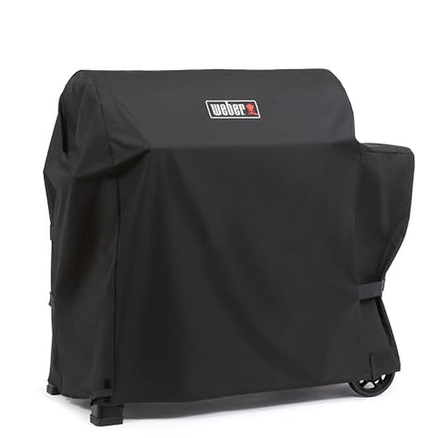 Weber Searwood 600 XL pellet grill cover back view shows secure fastening straps.