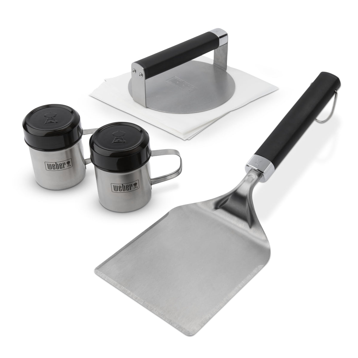 Weber Smashed Burger Press forms even patties for edge crust.