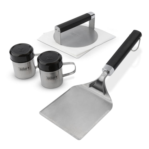 Weber Smashed Burger Press forms even patties for edge crust.