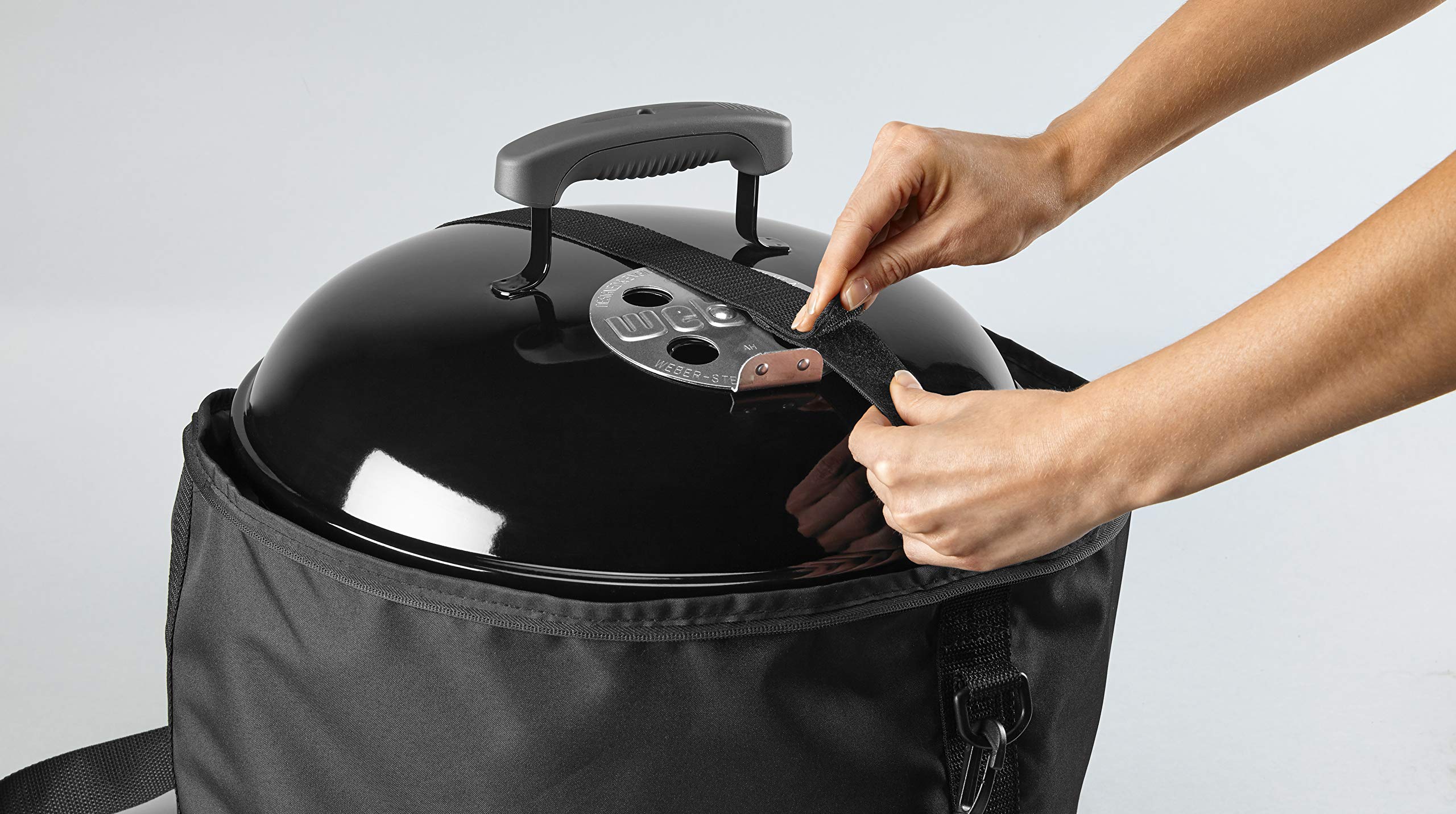 Weber Smokey Joe bag side view with padded strap for easy transport