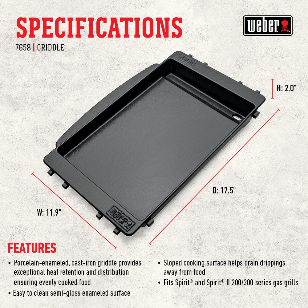 Weber Spirit griddle surface shown as non-stick for easy cooking and cleanup.