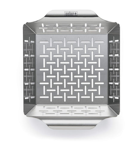 Weber Style small stainless steel basket on the grill for side dishes