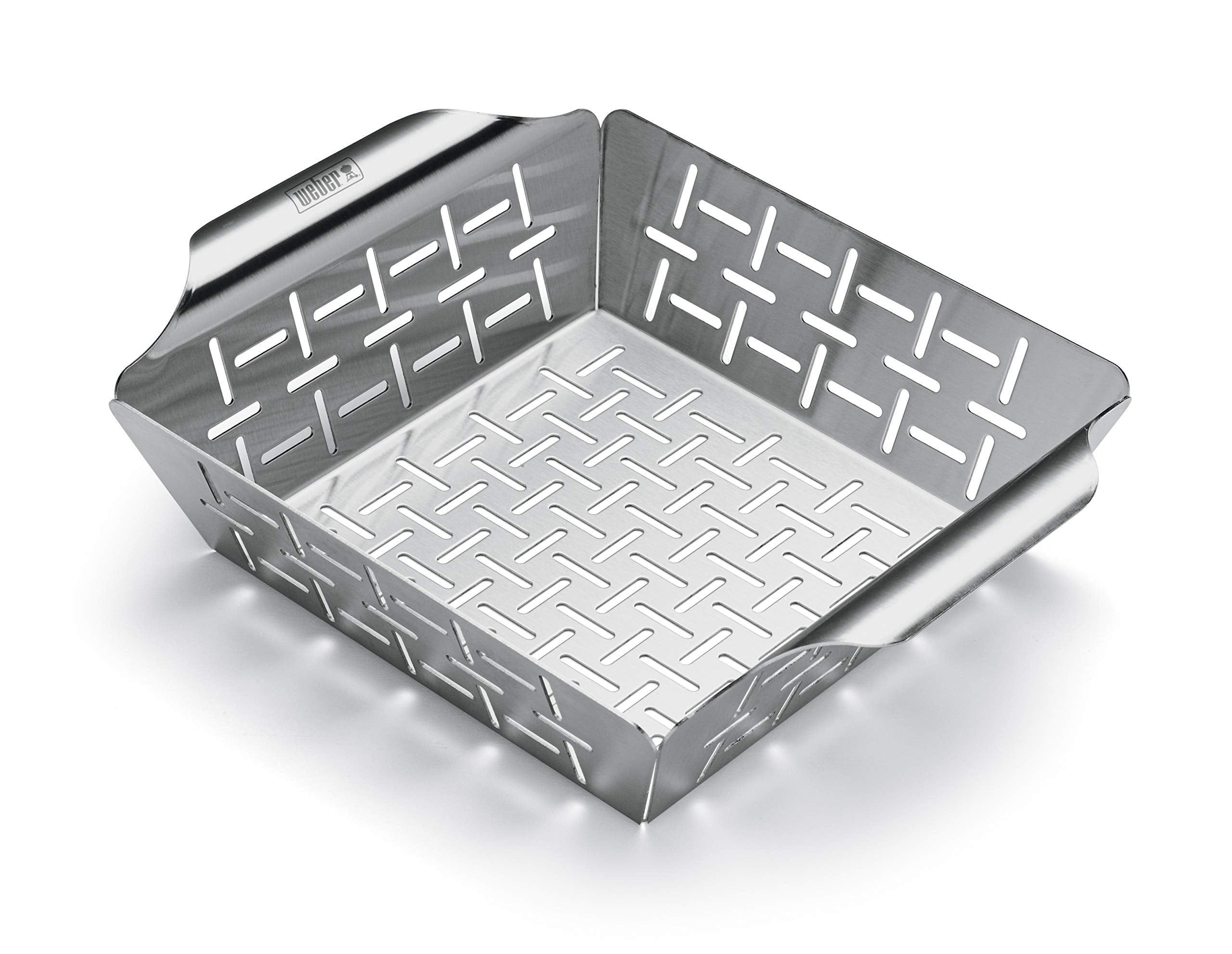 Close-up of Weber stainless steel vegetable basket on grill