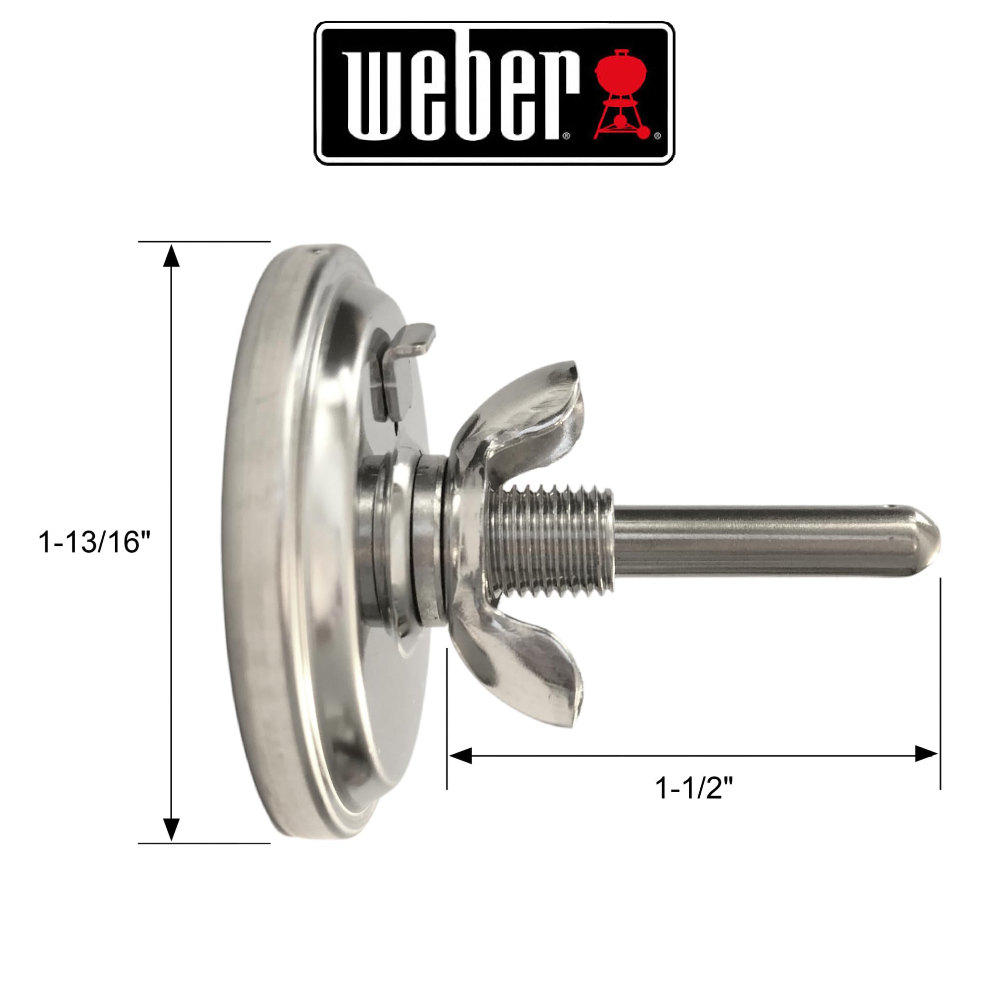 Weber thermometer dial view highlighting the 1-13/16-inch diameter for easy readouts.