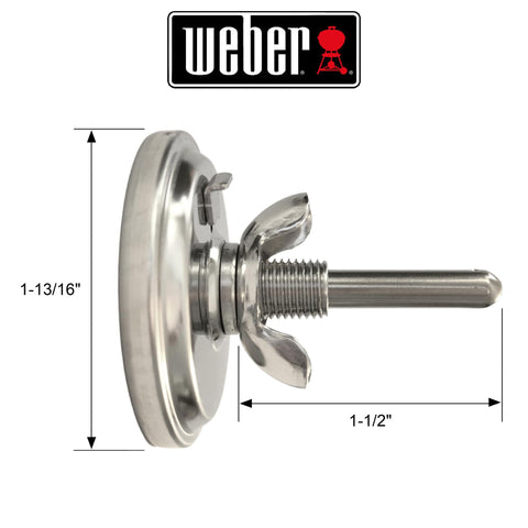 Weber thermometer dial view highlighting the 1-13/16-inch diameter for easy readouts.