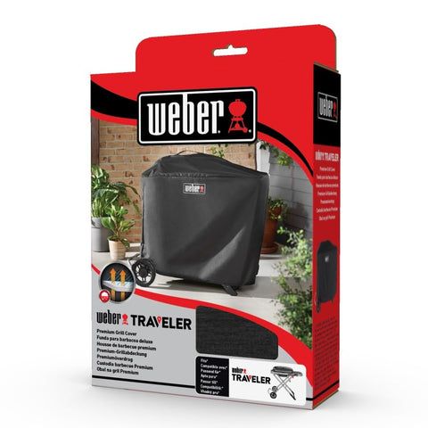 Weber Traveler Premium Cover uses durable polyester for long outdoor life.