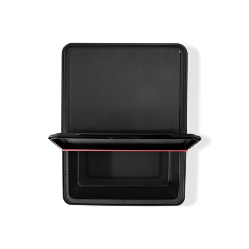 Close-up of hinged lid showing weather-resistant seal on Weber Works storage bin.