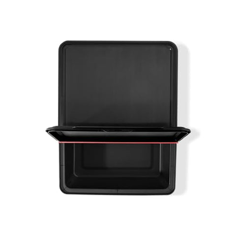 Close-up of hinged lid showing weather-resistant seal on Weber Works storage bin.
