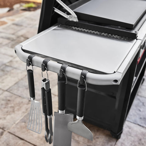 Weber Works organizer keeps the side table clear for prep and serving.