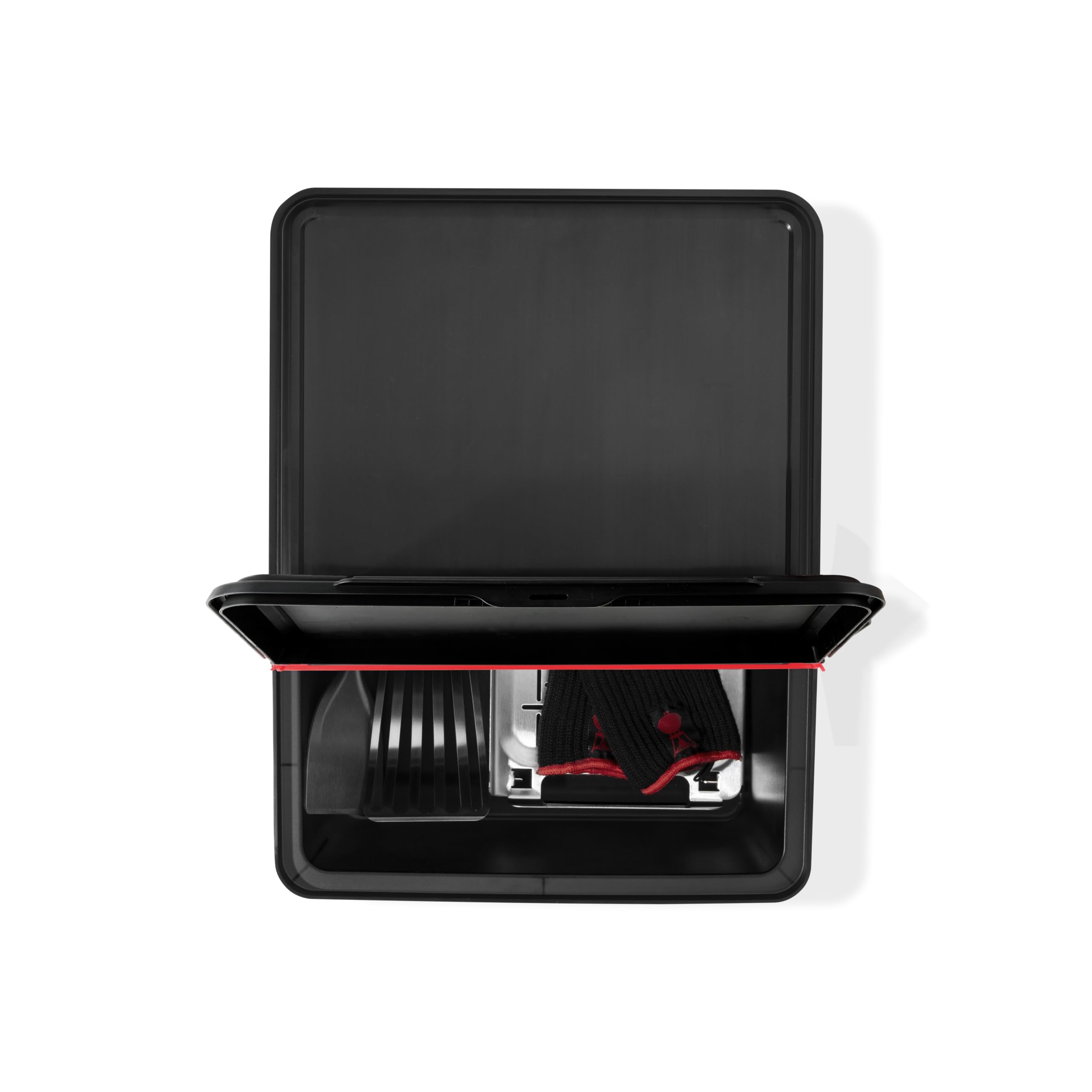 Weber Works outdoor storage bin mounted on a side table for easy tool access.