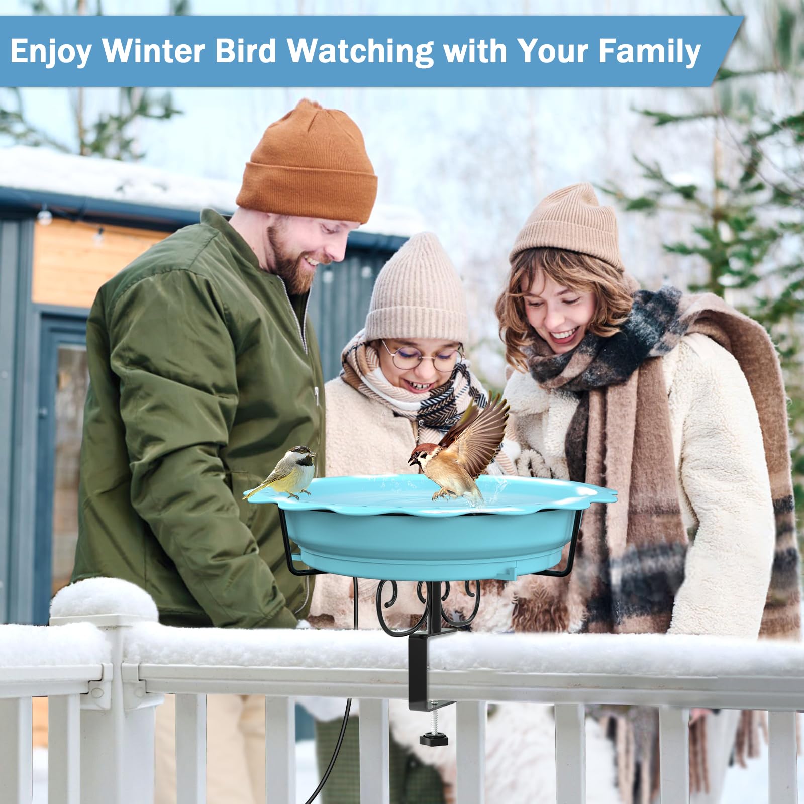 Webuys blue bird bath features a snowflake motif for winter ambiance.