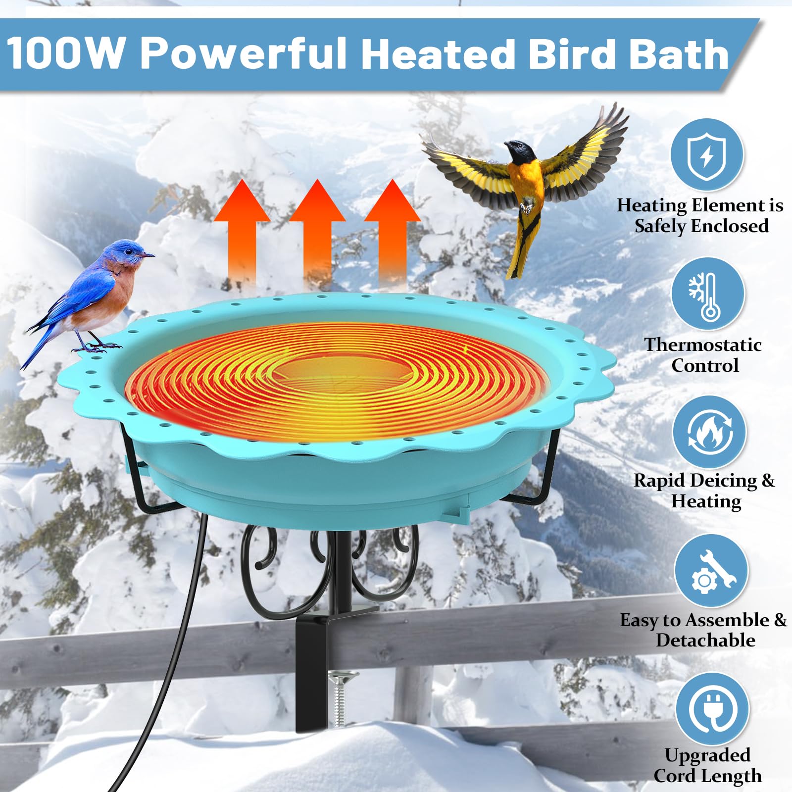Webuys heated bird bath mounted on a deck railing during snowfall.