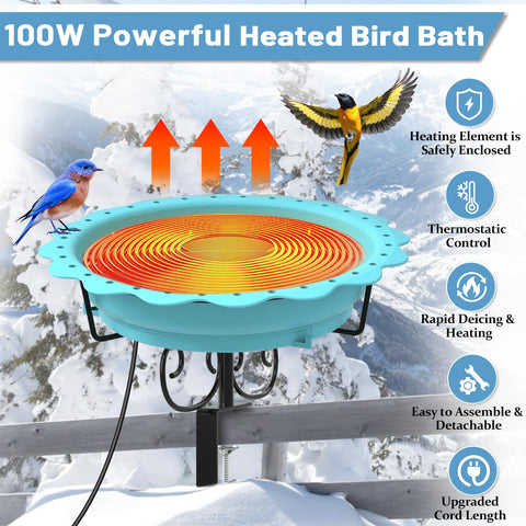 Webuys heated bird bath mounted on a deck railing during snowfall.