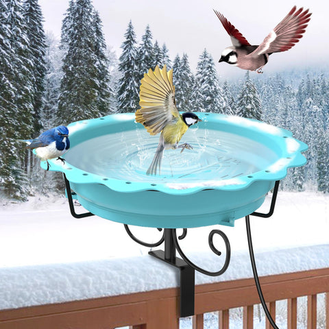Webuys heated bird bath outdoors in blue, ready for winter use with thermostat control.