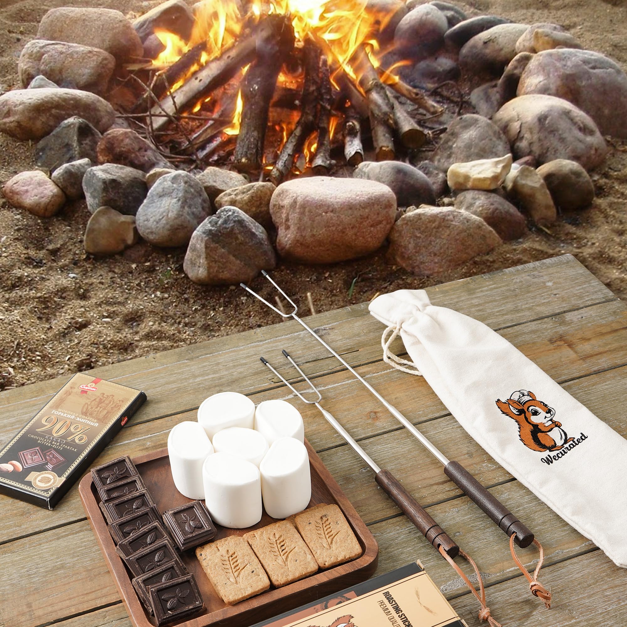 WECURATED extendable roasting sticks at 32 inches for safer, farther fire pit cooking