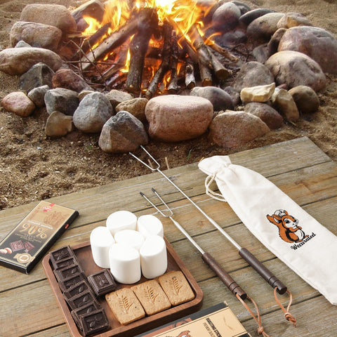 WECURATED extendable roasting sticks at 32 inches for safer, farther fire pit cooking