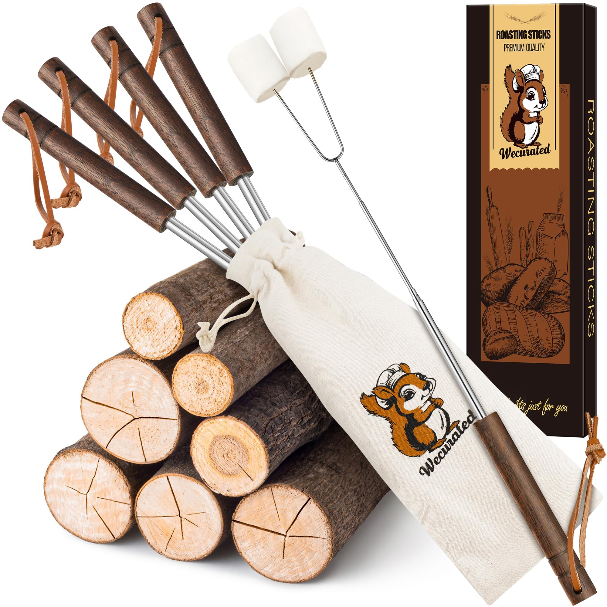 WECURATED marshmallow roasting sticks set of five with premium handles for family campfire roasting