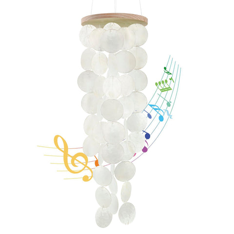 WeDoSoy wind chimes outside with capiz shells for calming outdoor ambience.
