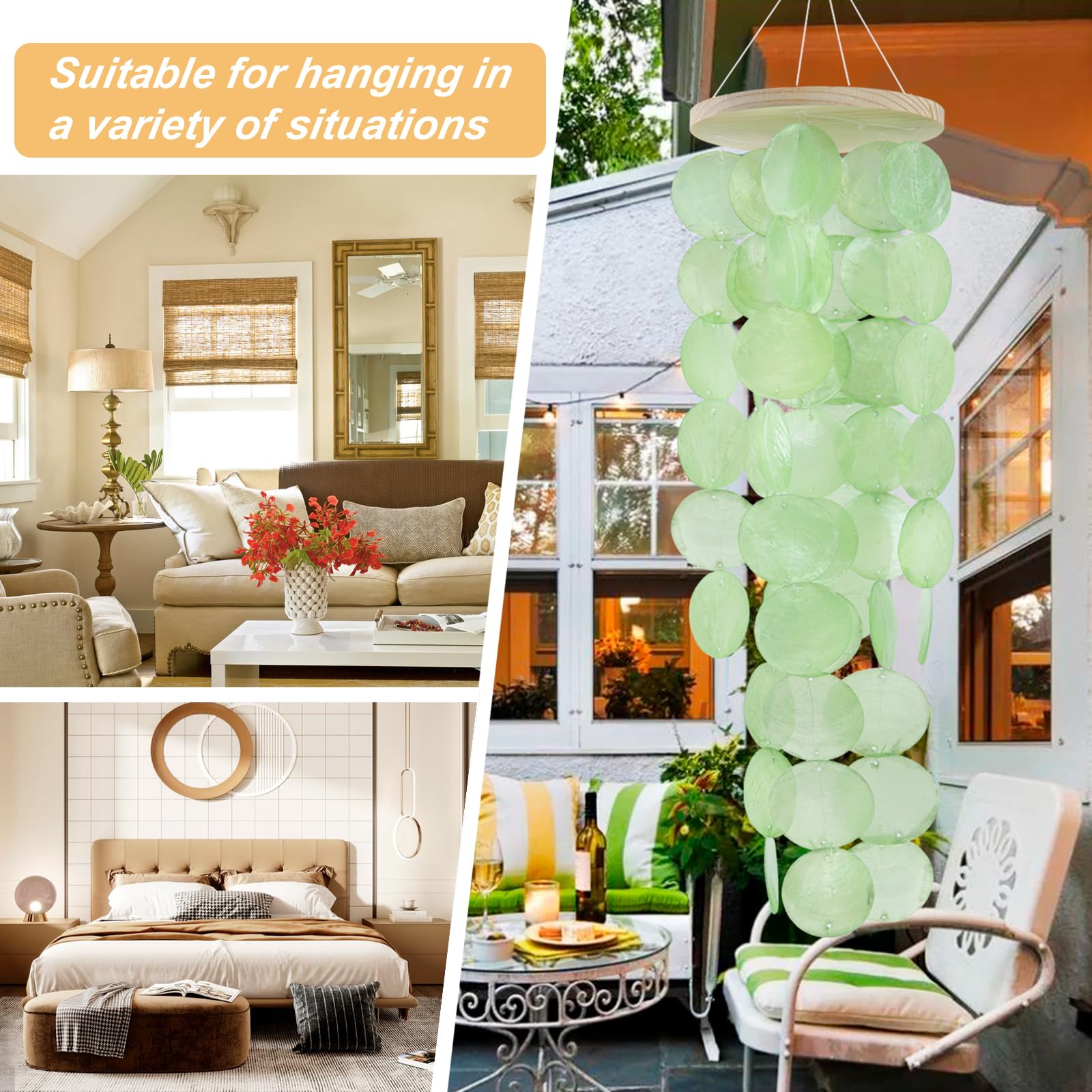 WeDoSoy wind chimes sunlight filtering through shells for visual shimmer