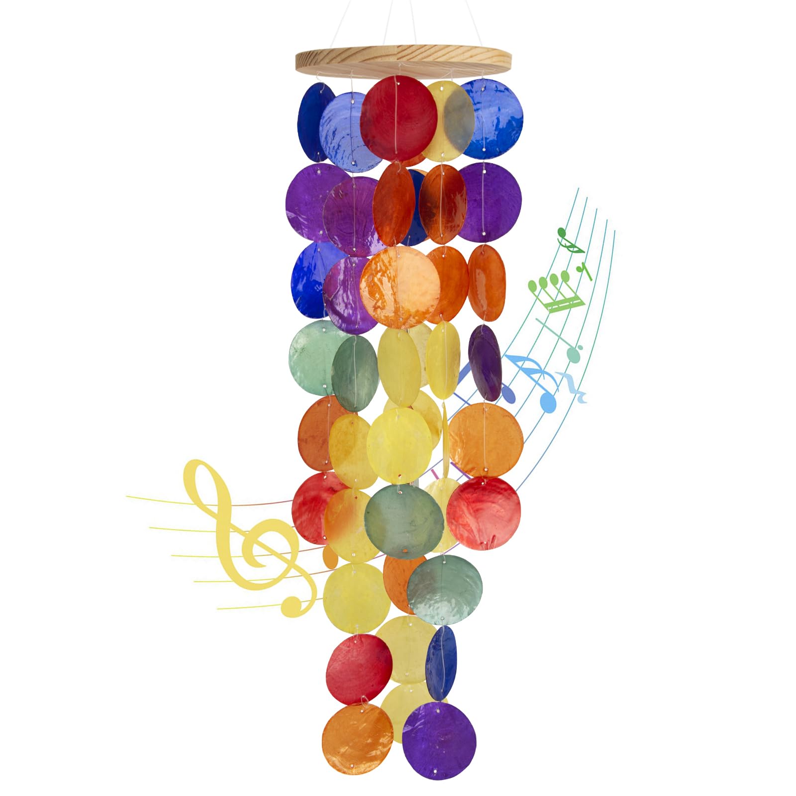 WeDoSoy windchimes outside with rainbow capiz shells for soothing coastal ambience