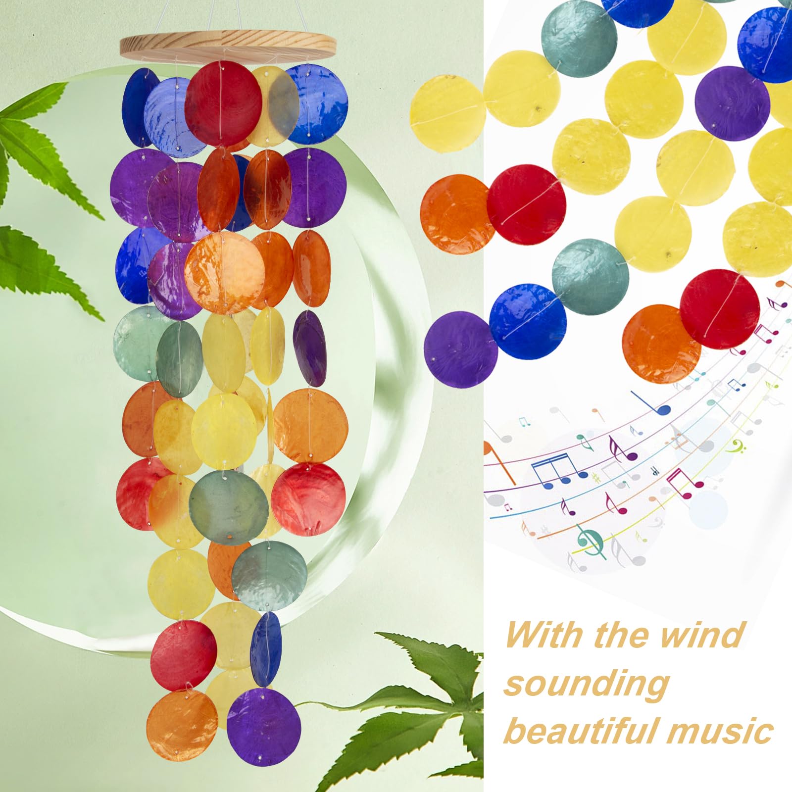 WeDoSoy windchimes rainbow capiz shells catching sun with shimmering light