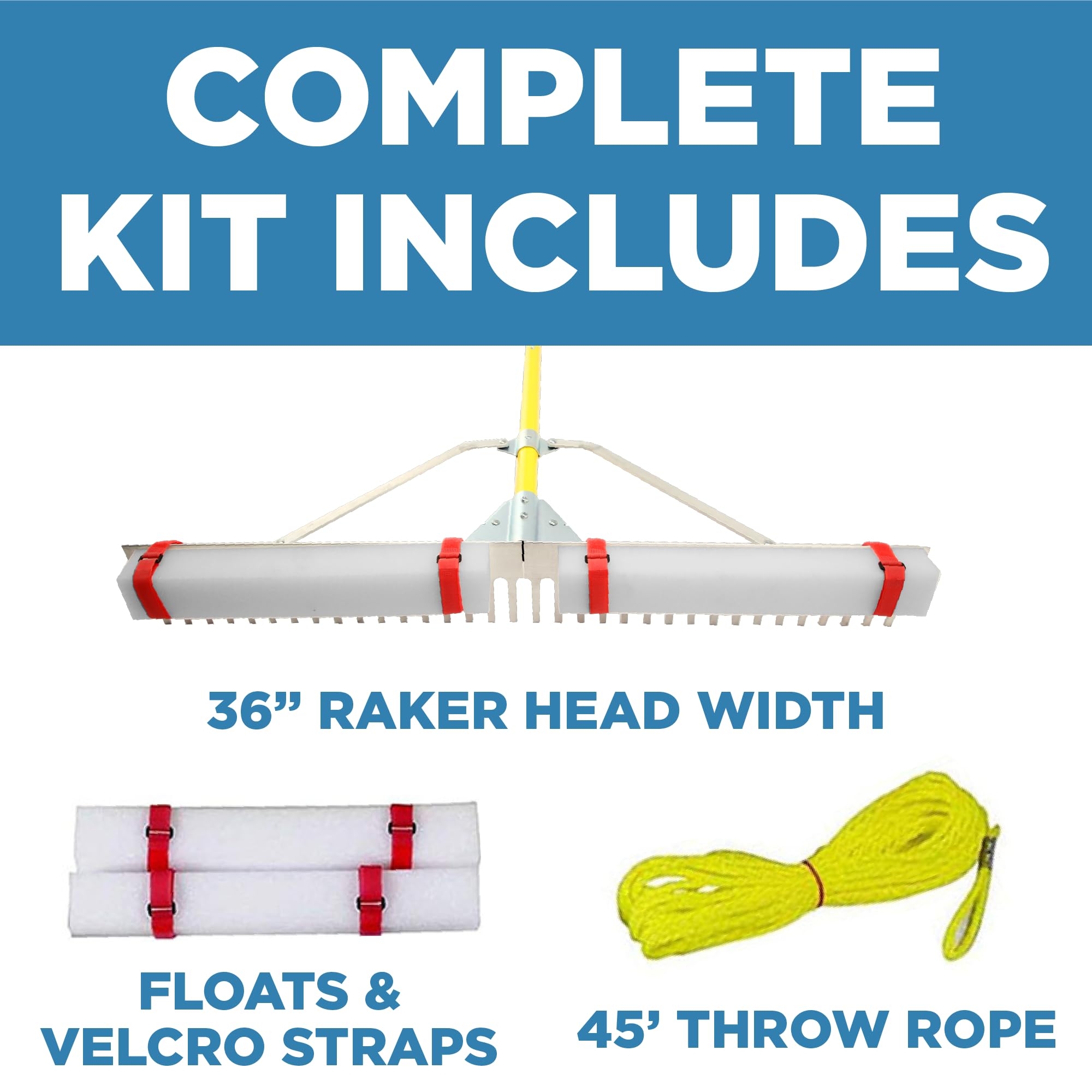 Weed Razer Razor Rake 36-inch head provides wide harvesting surface for quick debris collection.