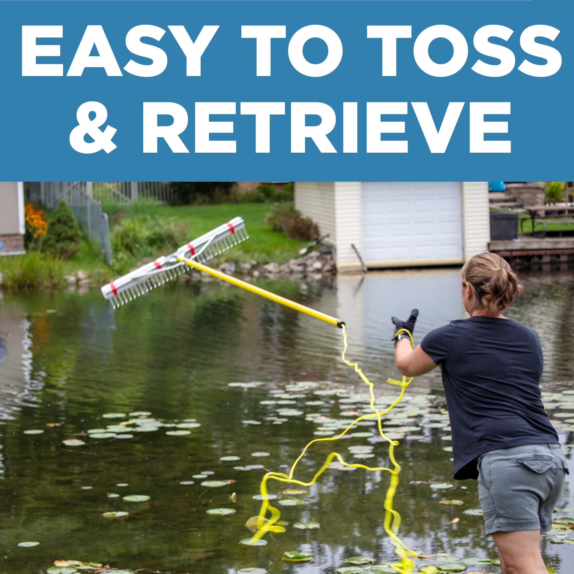 Weed Razer Razor Rake includes 9-foot handle and optional float for extending into water.
