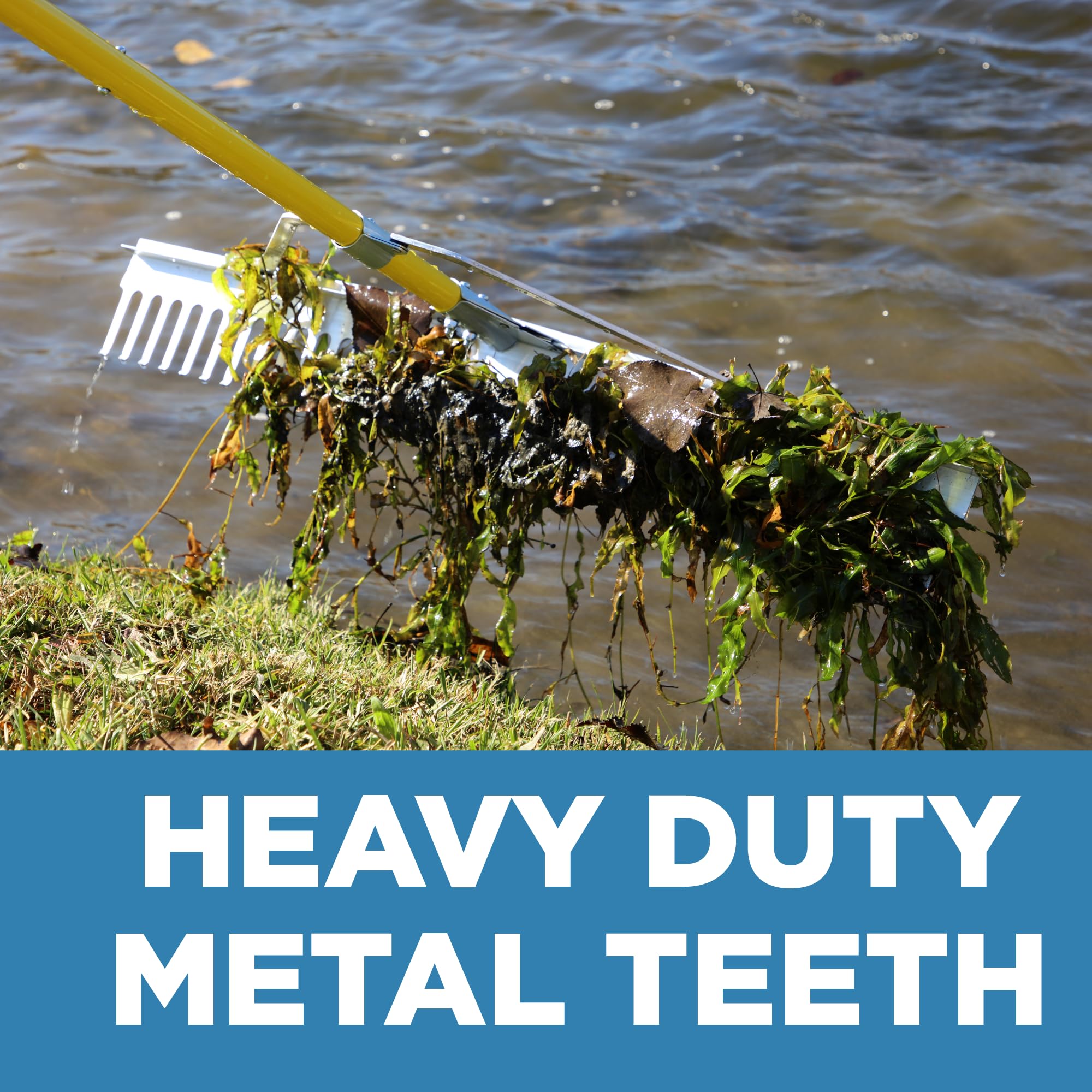 Weed Razer Razor Rake floats attach with 25-foot rope for cast-and-retrieve operations.