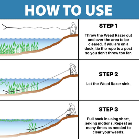 Weed Razer 25-foot rope extends reach for deeper water maintenance.