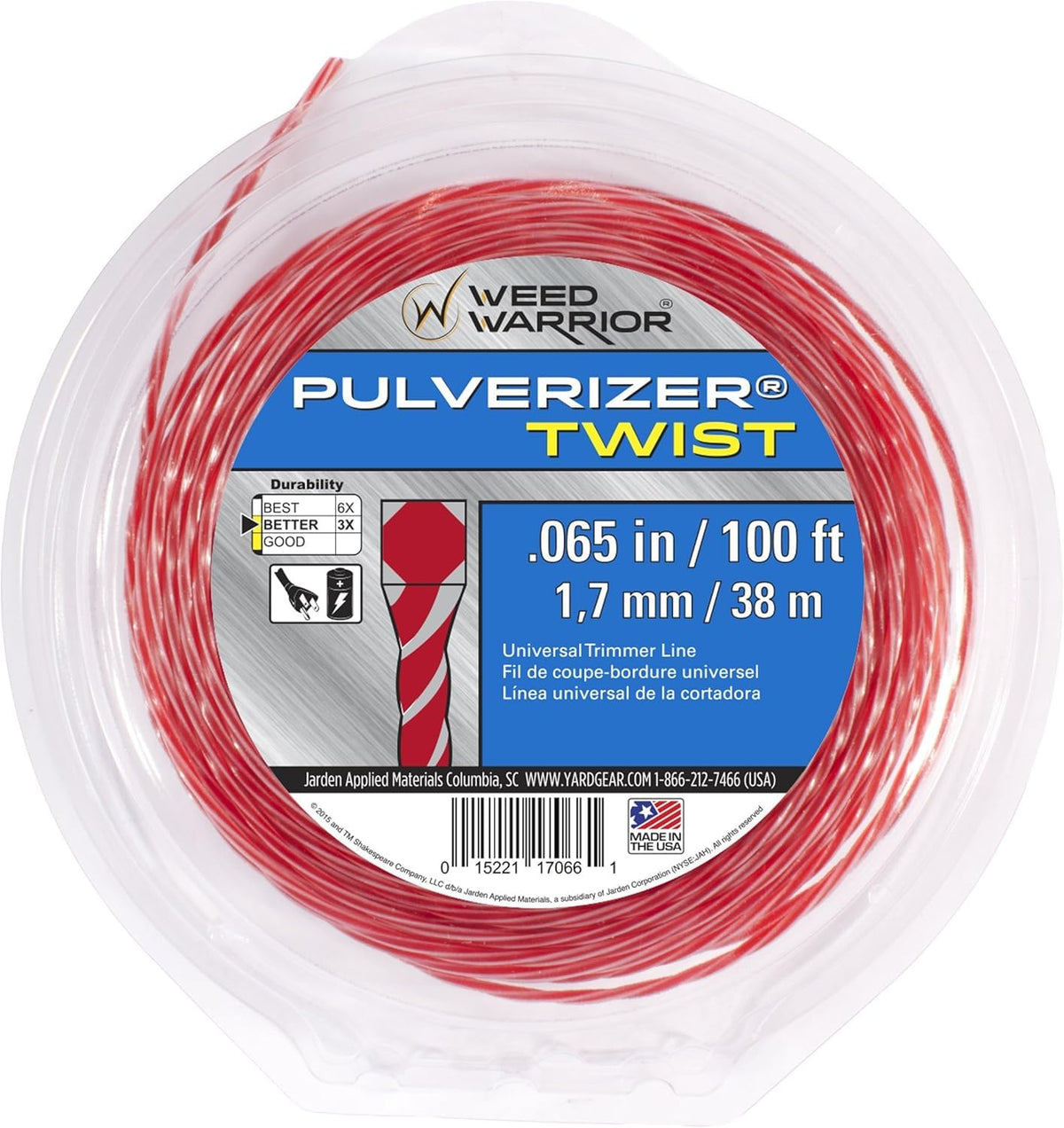Weed Warrior Pulverizer Twist line closeup emphasizes durability for clean edging.