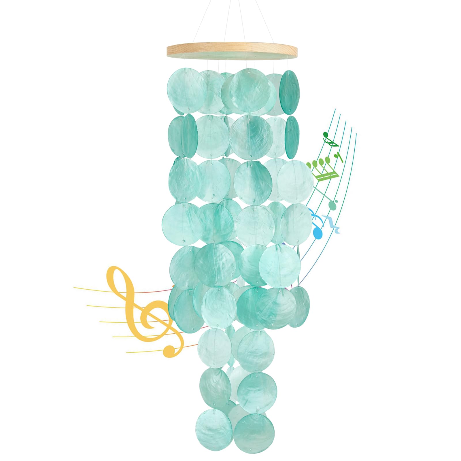 WeDoSoy wind chimes outdoor Capiz turquoise shells shimmer in sunlight for a calming coastal ambiance.
