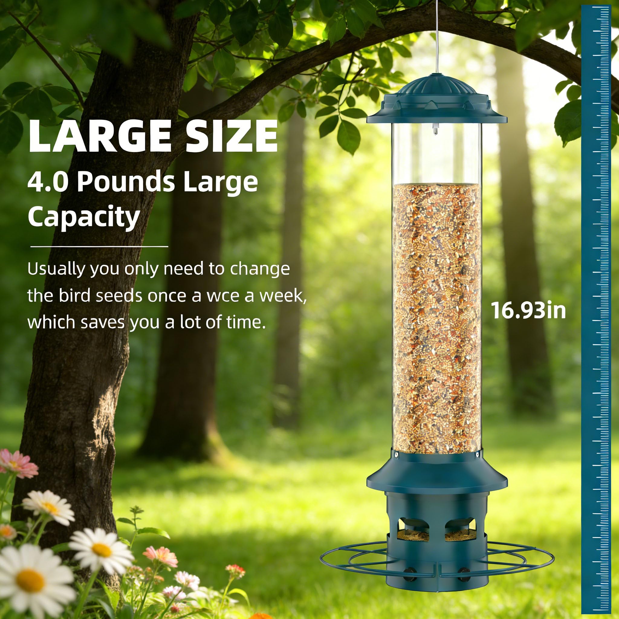 Large-capacity 4 lb WeeFeetc feeder attracting finches and cardinals.