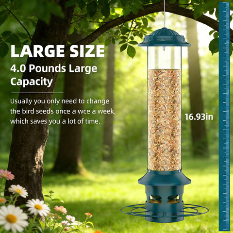 Large-capacity 4 lb WeeFeetc feeder attracting finches and cardinals.