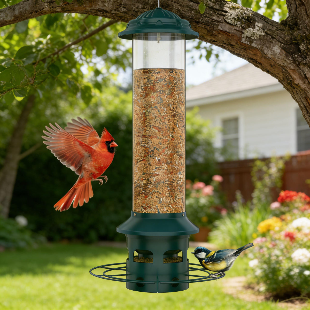 WeeFeetc metal squirrel-proof feeder, front view outdoors, showing sturdy construction and seed access.