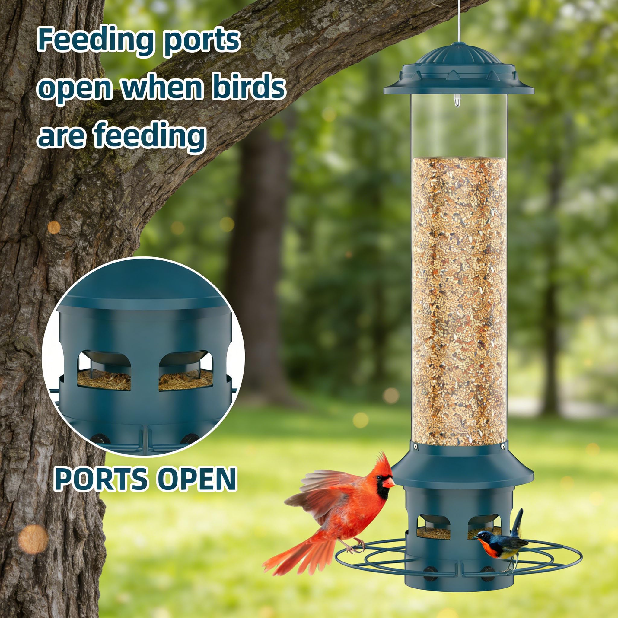 WeeFeetc feeder, side view, demonstrates weatherproof design protecting seeds.