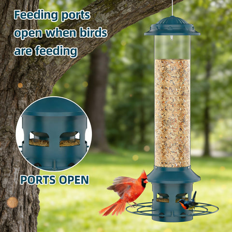 WeeFeetc feeder, side view, demonstrates weatherproof design protecting seeds.
