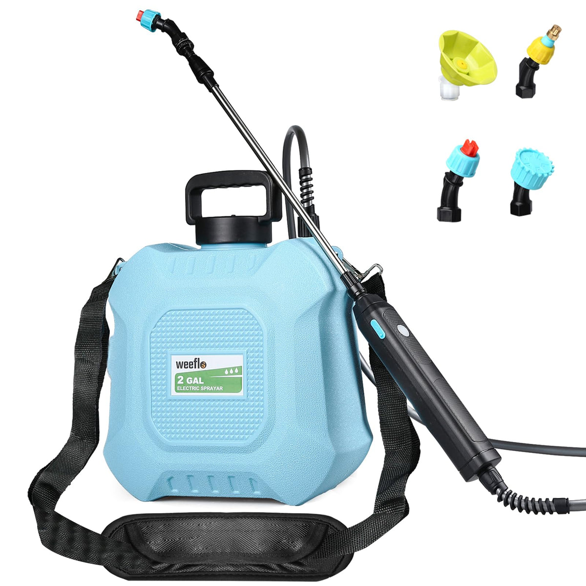 Weeflos battery powered sprayer with 2gal bottle for efficient garden tasks.