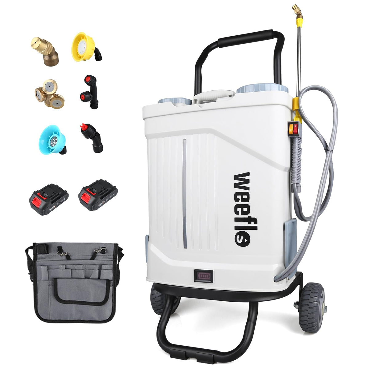 Weeflos battery-powered sprayer front view for cordless operation in yards