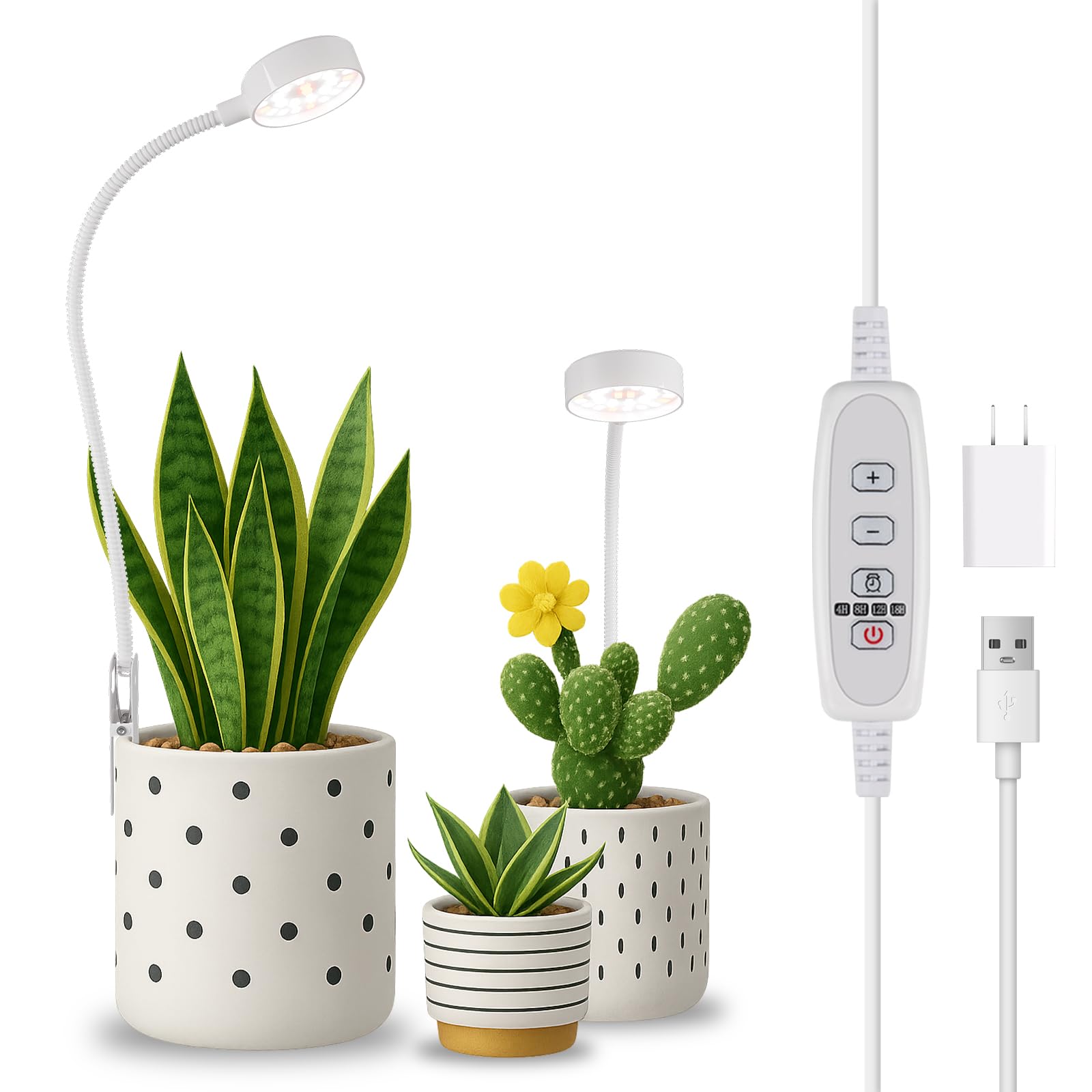 WeeLeeGoo clip-on grow light attached to a small pot for succulent care