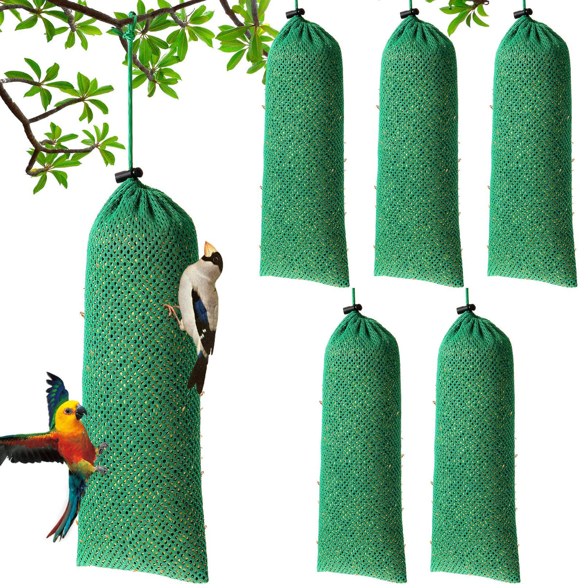 Weewooday Finch Sock Feeder six-pack in dark green for easy backyard bird viewing