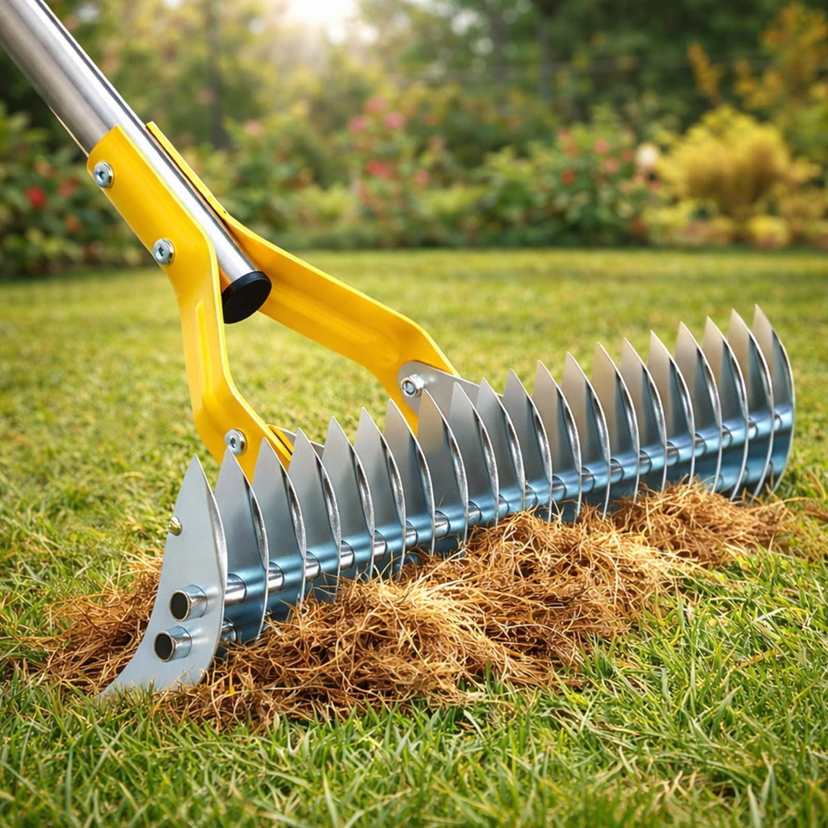 Wefaith manual thatch rake head closeup with sharp tines for efficient thatch removal.