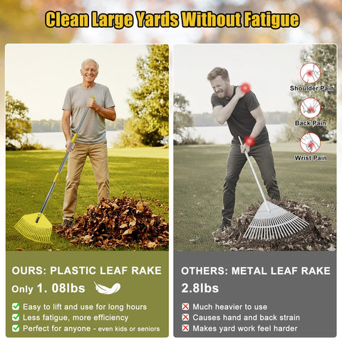 Wefaith plastic leaf rake with 23 tines for quick pile collection
