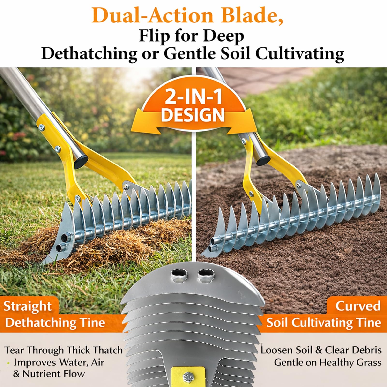 Wefaith thatch rake steel tines highlight rust-resistant durability.