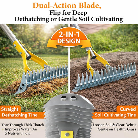 Wefaith thatch rake steel tines highlight rust-resistant durability.