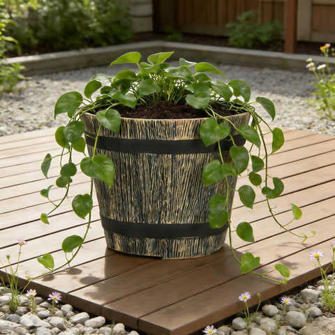 WEICHENGXING 5-pack whiskey-barrel style pots for cohesive greenery.