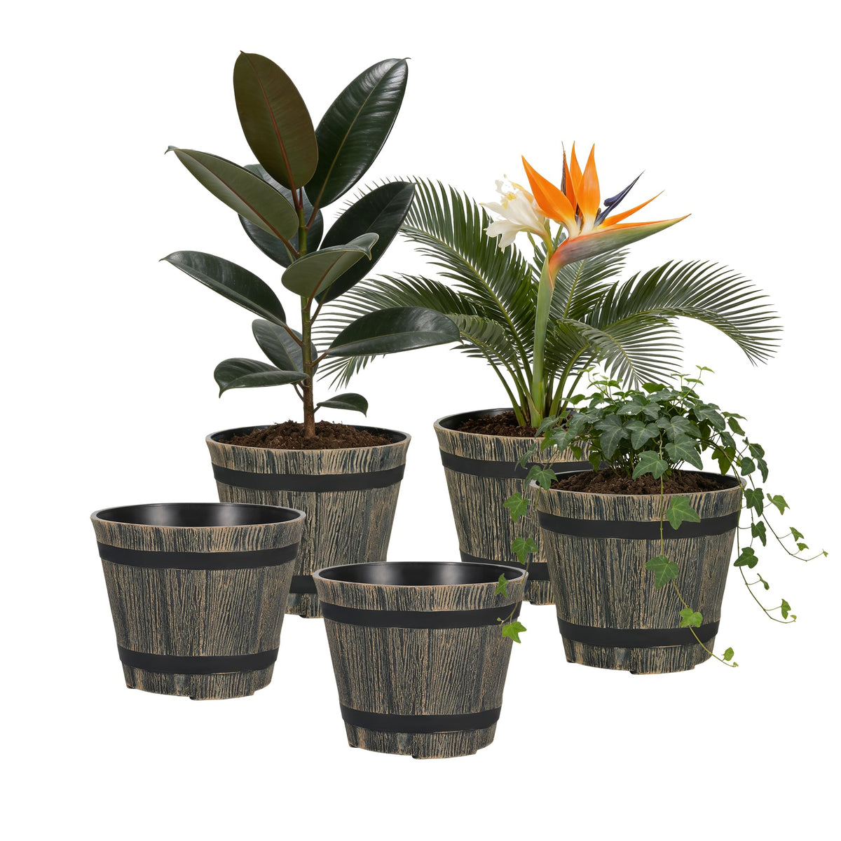 WEICHENGXING 7-inch plant pot with wood-barrel texture for a rustic indoor display.