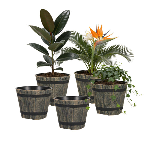 WEICHENGXING 7-inch plant pot with wood-barrel texture for a rustic indoor display.