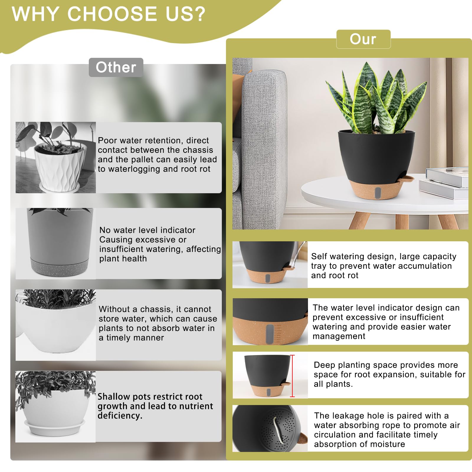 Weichengxing self-watering pots blend with home décor while keeping plants comfortable.